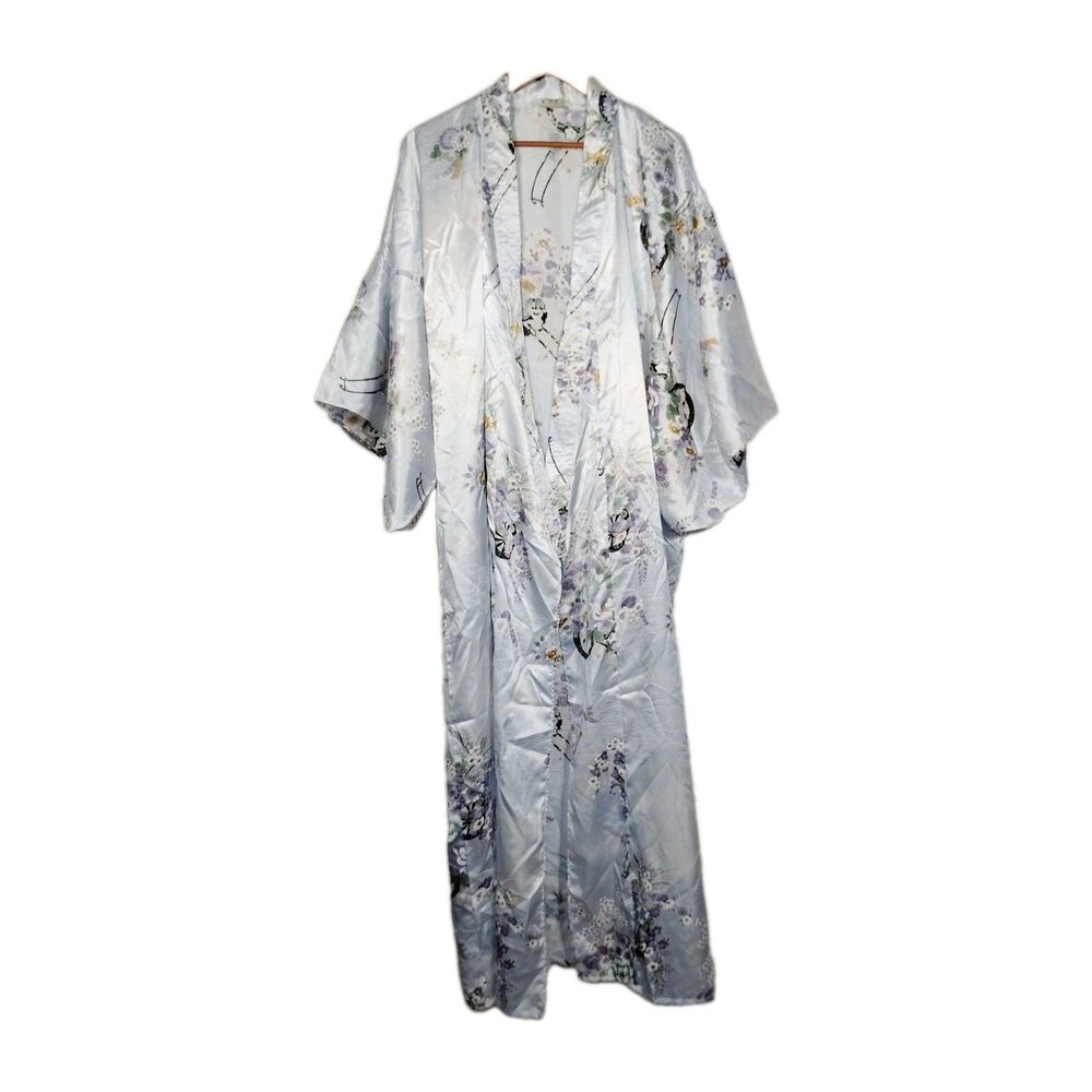 Vintage Ichi Ban Japan Open Front Long Kimono Robe One Size Blue Satin Floral